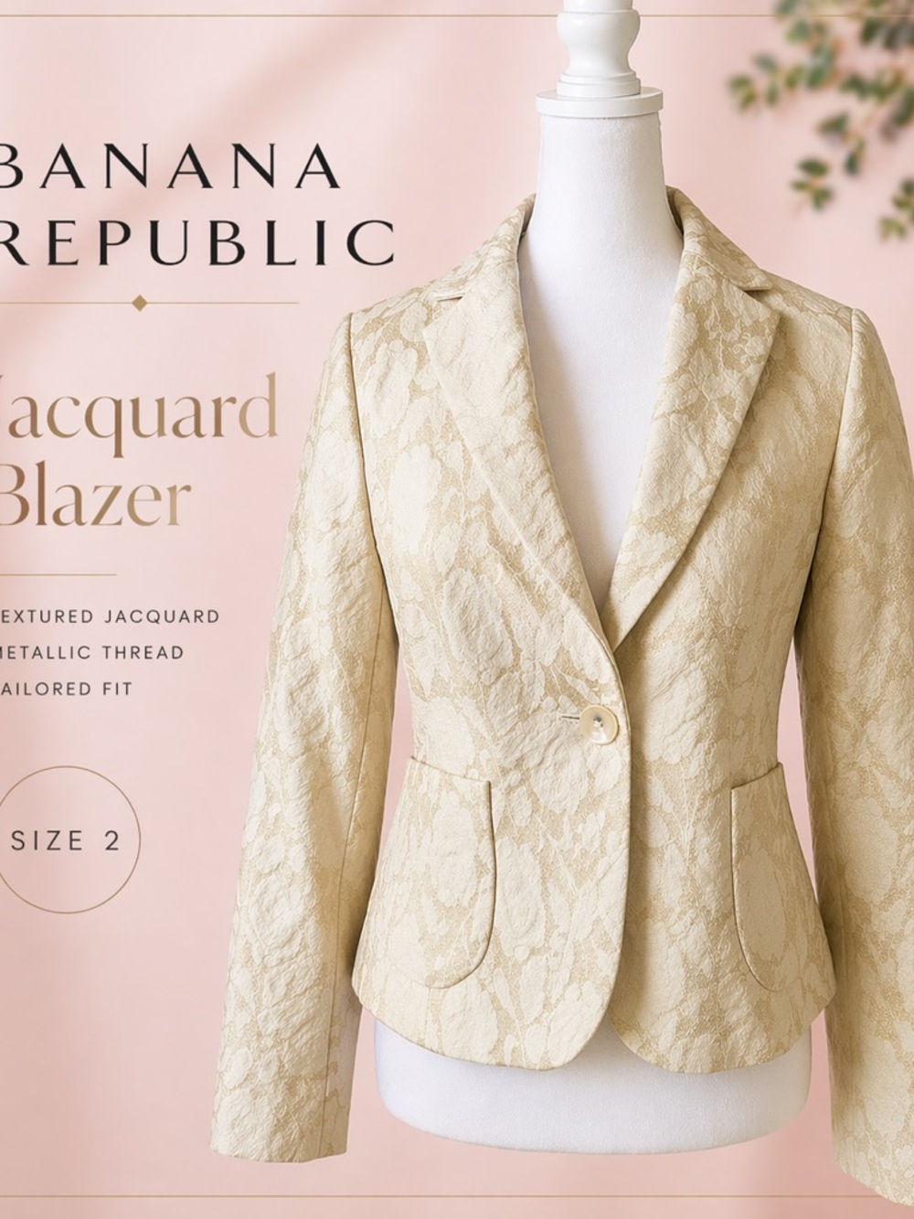 Banana Republic Light Cream & gold accent Jacquard Wool Single-Button Blazer